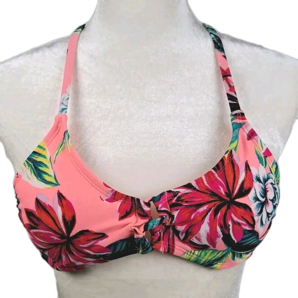 Xhilaration Bikini Swim Top Womens S Coral Orange Tropical Floral Removable Pads